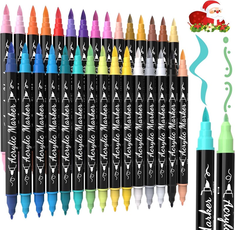 TOSHARE 30 Colors Acrylic Paint Markers - Waterproof Dual Tip Acrylic Paint Pens with Brush & Fine Tip Professional Marker Set Scrapbook Markers for Paper Rock Wood Fabric Glass Ceramic and DIY Crafts - Image 1